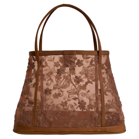 Vintage vegan boho cognac brown mesh embroidered top handle satchel bag - Picture 1 of 7
